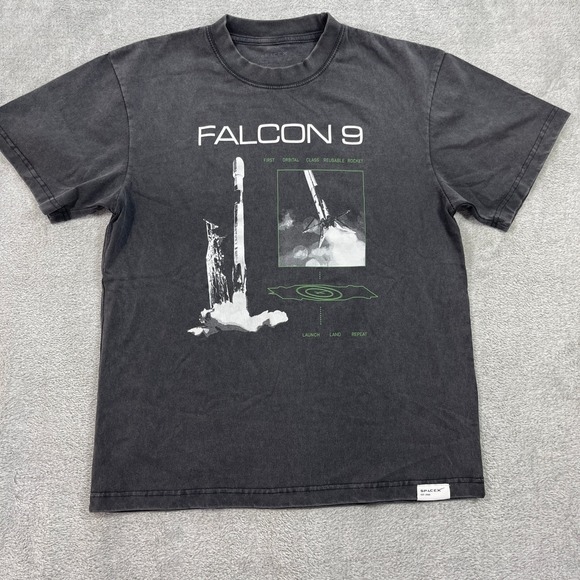 SpaceX T-Shirt Men Small Black Falcon 9 Rocket Graphic Tee Acid Wash 3956